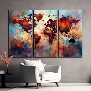 3-Panel Wall Art, World Map Canvas Wall Art, Watercolor Map Print, Abstract Map, Travel Office Art, Colorful World Map CANVAS Ready to Hang.