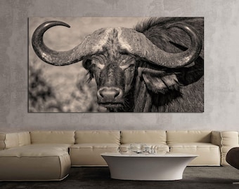 Bull Canvas Print, Large Black and White Animal Wall Art