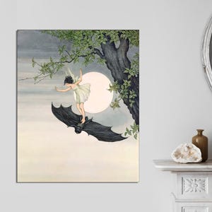 Vintage Fairy Riding a Bat Art Print, Ida Rentoul Outhwaite illustration, Antique Fairy Tale Wall Art, Full Moon Art, CANVAS Ready to Hang.