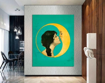 Vintage Woman Kissing Moon Canvas Print, Art Nouveau Bohemian Art