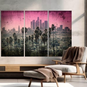 3-Panel Art, Los Angeles Palm Tree Wall Art, Beautiful Sunset Los Angeles, California Giclee Art for Home Office Decor, CANVAS Ready to Hang