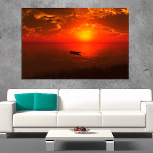 Sailing boat and golden sunset over the ocean, Ocean, Canvas Print, Home decor, interior art gift idea, Wall art,decor, interior decoration.