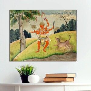 Rakta Bhairava with a dog Indian Painting, Vintage Indian Canvas Wall Art, Indian Art, Hindu Art, Indian God Wall Art CANVAS READY to HANG.