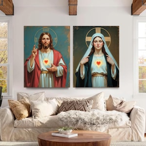 Jesus and Mary Sacred Heart Canvas Prints Set of 2, Catholic Christian Religious Wall Art Immaculate Heart Spiritual Home Gift Ready to Hang