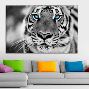 Black and White Tiger with blue eyes,  print wall art, print on canvas,  blue eyes tiger photo art, framed tiger art,Animal Canvas Wall Art.