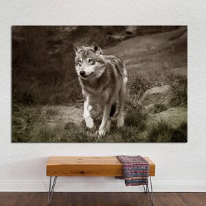 Grey Wolf Canvas Print, Wolf Wall Art, Black and White Wolf Art, Wall art, Wild Gray Winter Wolf, Wolf Large Wall Art CANVAS Ready to Hang.