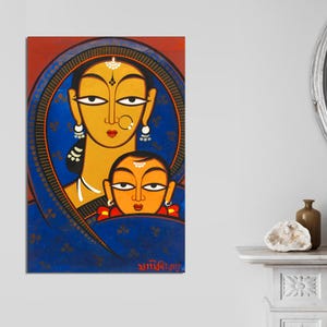 Virgen con el Niño de Jamini Roy, arte religioso, escuela de Bengala, arte indio, Virgen con el Niño, impresión artística de estilo indio sobre lienzo lista para colgar