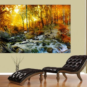 Impresiones en lienzo estiradas y enmarcadas de bosque otoñal y río, cuadro de paisaje de arte de pared, póster de arte de árbol dorado, obra de arte para sala de estar, decoración del hogar