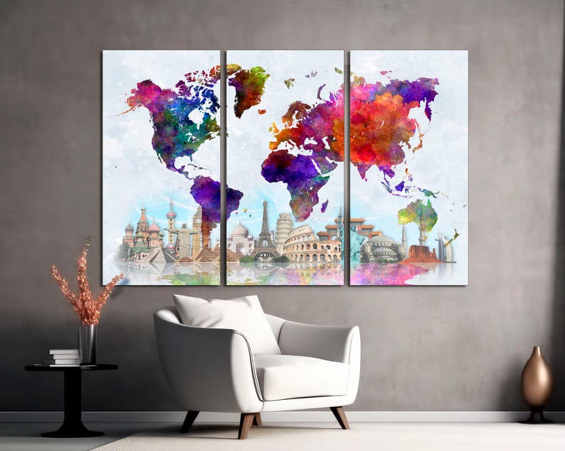 Abstract World Map Canvas Print, 3-panel Travel Wall Art - Etsy