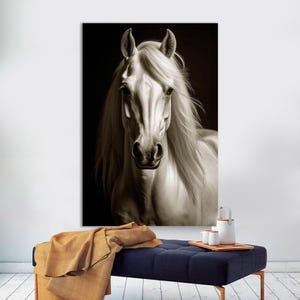 White Horse Canvas Wall Art, Farmhouse Decor, Horse Print, Large Modern Painting, Horse Wall Art, Horse Portrait Animal Canvas Ready to Hang