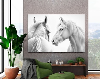 Black and White Horses Canvas Print, Romantic Equine Wall Art