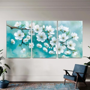 Floral Wall Art Sakura Cherry Blossoms 3-Panel Canvas Botanical Painting Decor for Living Room Bedroom Office Classroom Canvas Ready to Hang