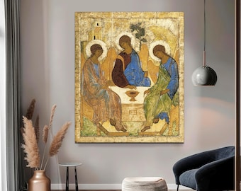 Andrei Rublev Holy Trinity Canvas, Antique Russian Religious Art