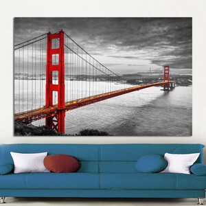 San Francisco City, Golden Gate wall Art, San Francisco Bridge Print on Canvas, Golden Gate Bridge City Panoramic Art, CANVAS Ready to Hang