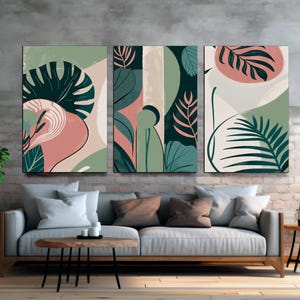 Large Floral Canvas Wall Art Prints Set of 3 Tropical Leaves Abstract Shapes Illustrations Mid Century Modern Art Boho Decor Ready to Hang.