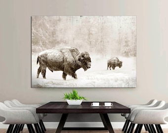 Bison Buffalo Winter Landscape Canvas Print, Farmhouse Wall Art