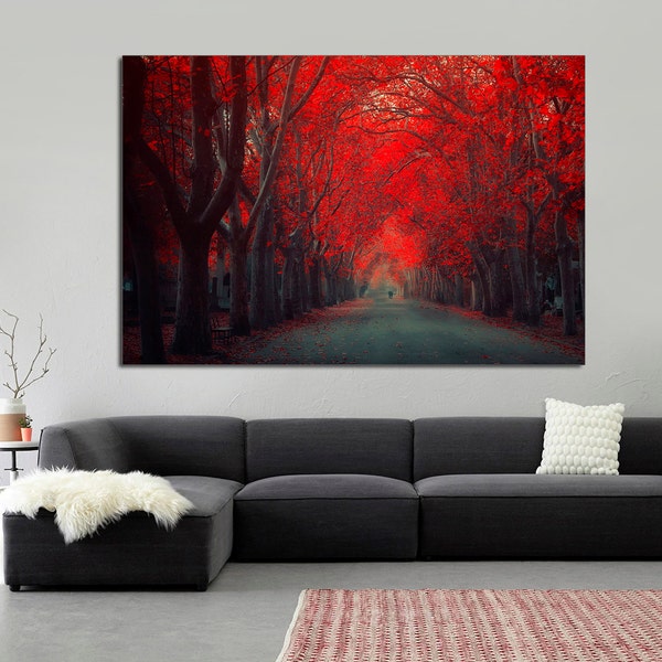 Red forest, Art Print of Red leaves forest, Canvas Print, Beautiful Red Tree Park, Home decor, interior design, gift idea, Wall art, Decor