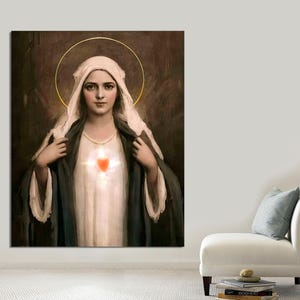 Immaculate Heart of the Virgin Mary, Mother Mary Painting, Catholic Wall Art Print, Lady of Grace by Charles Chambers, CANVAS Ready to Hang.