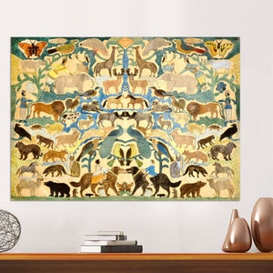 Vintage collage animal art, Americana folk art, Paper cut collage art, Naive, primitive art, 19th century animals Canvas Print Ready to Hang