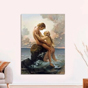 May include: A painting of a couple embracing on a rocky outcropping in the ocean. The man is holding the woman, who is looking up at him. The sky is a pale blue with clouds, and the water is a deep blue.