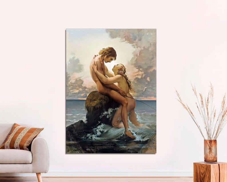 May include: A painting of a couple embracing on a rocky outcropping in the ocean. The man is holding the woman, who is looking up at him. The sky is a pale blue with clouds, and the water is a deep blue.