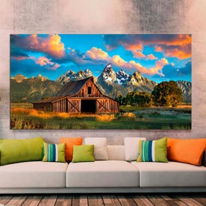 Moulton Barn Canvas Wall Art, Grand Teton National Park Sunrises Over Mormon Barn, Cabin & Home Interior Decor, Mountain Landscape Large Art