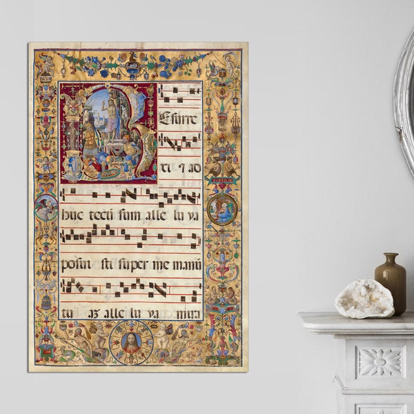 Illuminated Manuscript Reproduction, Canvas Print Resurrection in the Initial R, c. 1500 . Fine Art Print, Canvas Art Canvas Ready to Hang.