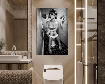 Funny Toilet Girl Canvas Print, Modern Bathroom Wall Art