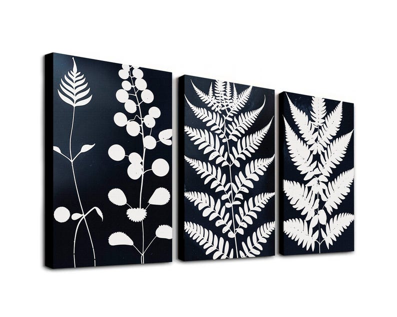 Black and White Botanical Wall Art, Set of 3, Boho Floral Canvas Prints ...