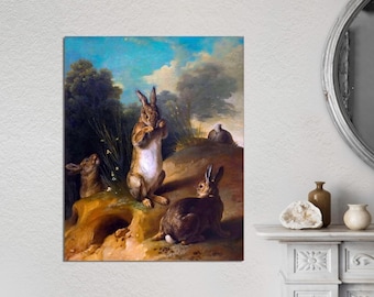 Vintage Rabbit Painting, Spring Animal Art, Farmhouse Canvas Print