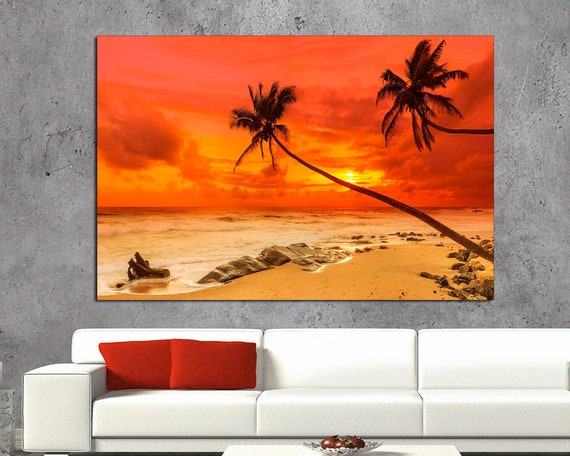 Tropical Sunset Beach Canvas Print, Palm Trees, Ready to Hang