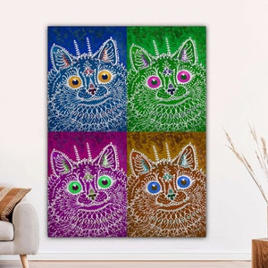 Vintage Cat Painting, Louis Wain Print, Cat Canvas Art, Outsider Art, Psychedelic Wall Art, Folk Art Cat, Unique Art, Blue Cat Ready to Hang