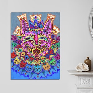 Vintage Cat Painting, Louis Wain Print, Cat Canvas Art, Outsider Art, Psychedelic Wall Art, Folk Art Cat, Unique Art, Wain Cat Ready to Hang