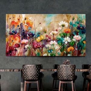 Framed Wildflowers Canvas Print, Retro Farmhouse Wall Art, Boho Botanical Rustic Home Decor, Large Living Room Art Canvas Ready to Hang.