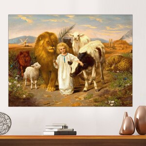 May include: A painting depicting a young child surrounded by various animals, including a lion, a lamb, a cow, and a leopard. The child is wearing a white dress and holding a branch with leaves. The animals are all peaceful and calm, symbolizing harmony and peace.