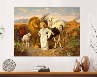 Peace by William Strutt, A Little Child Shall Lead Them, Jesus art print, Vintage Christian painting, Lion and lamb, CANVAS Ready to Hang.