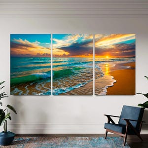 Ocean Wave Modern Wall Art 3-Panel Canvas Art, Coastal Sunset Beach Print, Large Sunrise Decor for Beach House, Ocean Wall Art Ready to Hang