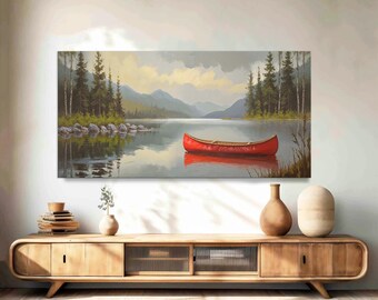 Vintage Red Canoe Lake Art, Rustic Nautical Canvas Print
