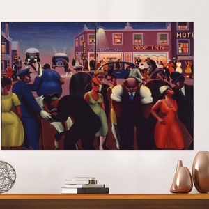 以下が含まれることがあります： 夜に賑わう街の通りのシーンを描いた、ビンテージスタイルの絵画。絵画には、さまざまなポーズをとった人々のグループが描かれており、中には歩いている人、話している人、そして「Drop Inn」と書かれた看板のある建物の前に立っている人がいます。絵画は、人々とその相互作用に焦点を当て、鮮やかな色のパレットで描かれています。