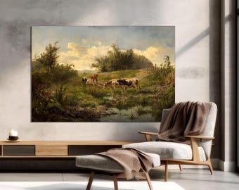 Vintage Cow Painting, Grazing Cattle, Farmhouse Canvas Art, Ready to Hang