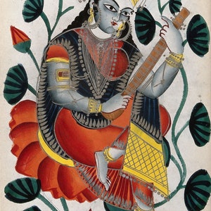 May include: An illustration of a seated figure playing a stringed instrument, adorned with jewelry and a crown. The figure is depicted in shades of blue, red, and yellow, seated on a red lotus flower, surrounded by green and white foliage.