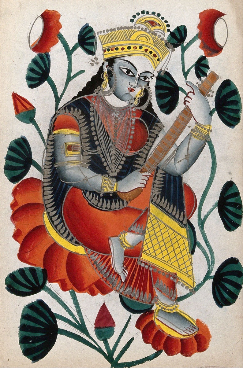 May include: An illustration of a seated figure playing a stringed instrument, adorned with jewelry and a crown. The figure is depicted in shades of blue, red, and yellow, seated on a red lotus flower, surrounded by green and white foliage.