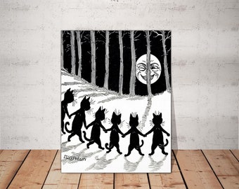 Louis Wain Cats and Moon Canvas Print, Funny Cat Art, Ready to Hang