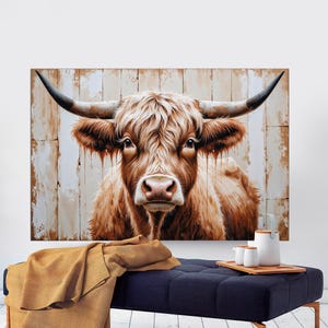 Highland Cow Painting Canvas Print Farmhouse Art Cattle Wooden Background Country Wall Art Cow Print Rustic Wall Art Extra Large Canvas Art
