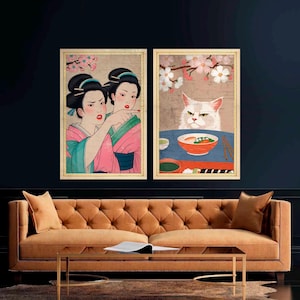 Japanese Woman Yelling at Cat Canvas Wall Art Set of 2 Funny Meme Art Unique Framed Hilarious Gift for Cat Lovers and Art Fans Ready to Hang
