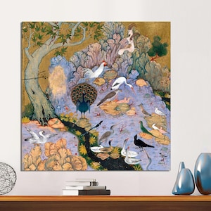 CANVAS Print Ready to Hang, Persian Art, Concourse of The Birds  Print of Traditional Persian Miniature Painting, Bird Wall Art, Home Decor.