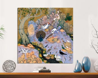 Persian Miniature Painting Canvas Print, Concourse of The Birds, Bird Wall Art