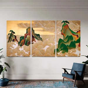 Waves at Matsushima by Ogata Korin Japanese Art Edo Period 3-Panel Large Canvas Wall Art, Asian Art for Home, Restaurant Art Ready to Hang.