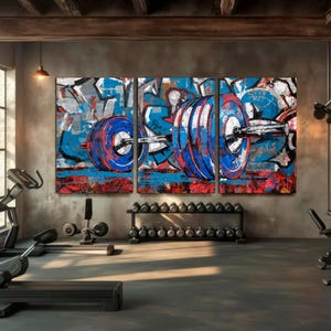 Gym Canvas Wall Art, Large 3-Panel Split, Barbell Graffiti Print Weightlifting Decor Motivational Fitness Poster Home Gym Art, Ready to Hang