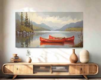 Vintage Red Canoe Art, Rustic Wall Decor Canvas Print, Perfect Nautical Decor for Lake House, Outdoorsman Vintage Painting Ready to Hang